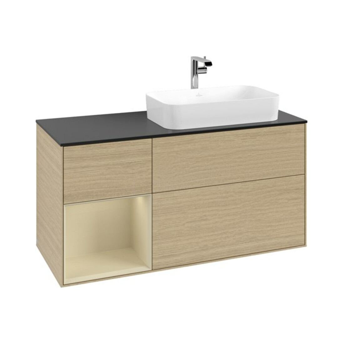 V&B Meuble sous lavabo Finion 120 cm, placage bois, porte gauche, gris mat laqué, ouverture ven
