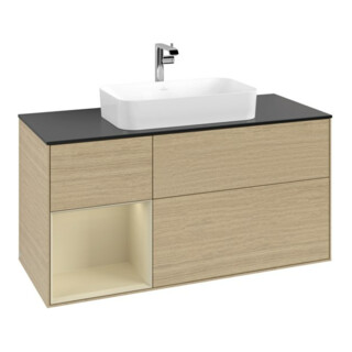 V&B Meuble sous lavabo Finion 120 cm, placage bois, porte gauche, gris mat laqué, ouverture ven