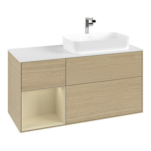 V&B Meuble sous lavabo Finion 120 cm, placage bois, porte gauche, gris mat laqué, poignée ven