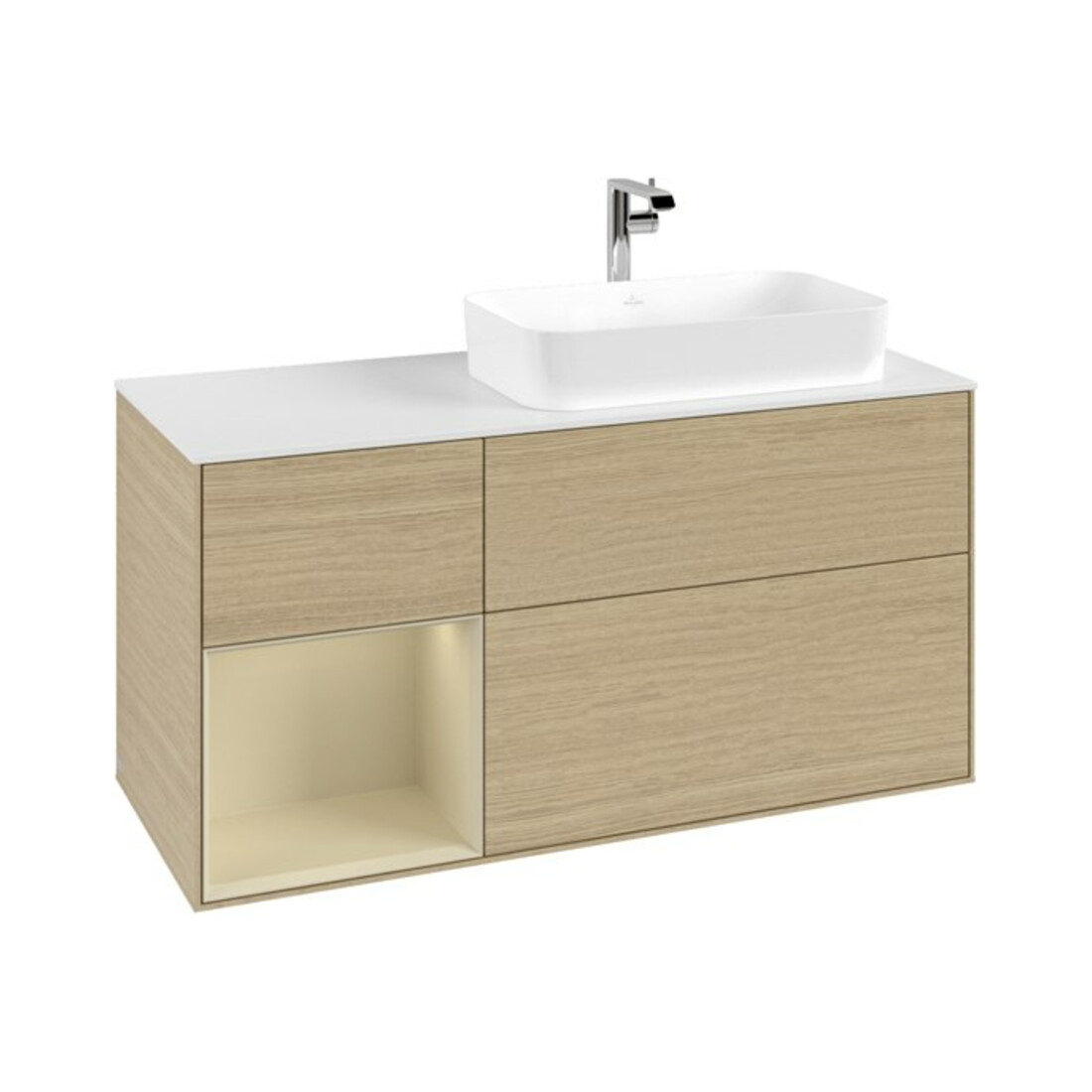V&B Meuble sous lavabo Finion 120 cm, placage bois, porte gauche, gris mat laqué, poignée ven