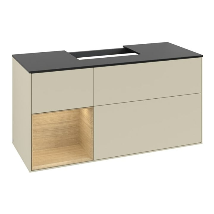 V&B Meuble sous lavabo Finion 120 cm, placage bois, porte gauche, gris moyen laqué