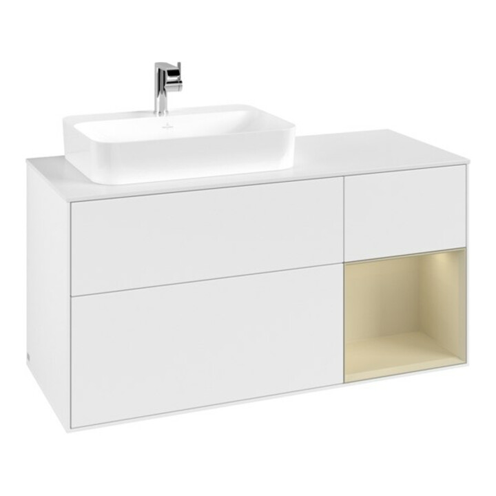 V&B Meuble sous lavabo Finion 120 cm, placage bois, rainure rouge, laque blanche