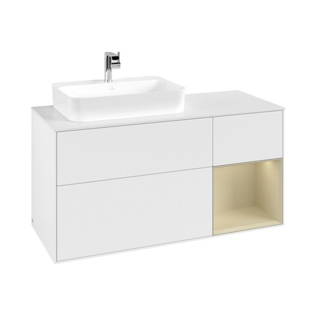 V&B Meuble sous lavabo Finion 120 cm, placage bois, rainure rouge, laque blanche