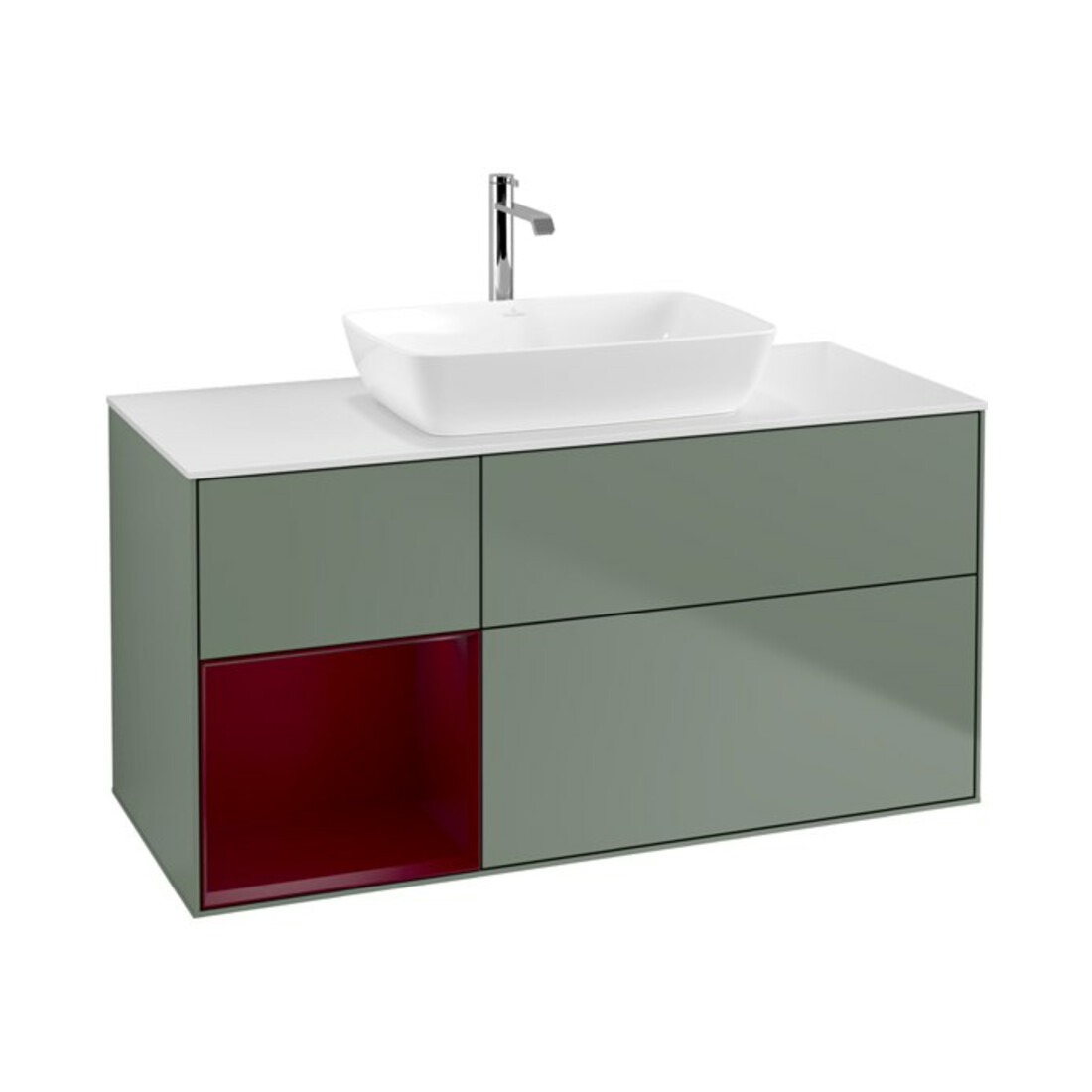 V&B Meuble sous lavabo Finion 120 cm, placage bois, rangement avec portes laquées, olivier laqué