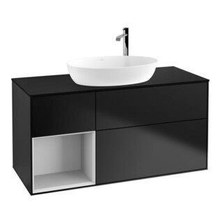 V&B Meuble sous lavabo Finion 120 cm, placage bois, rangement blanc laqué, bleu laqué