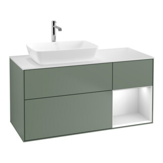 V&B Meuble sous lavabo Finion 120 cm, placage bois, rangement blanc mat, olivier mat