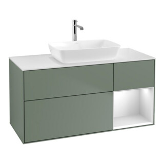 V&B Meuble sous lavabo Finion 120 cm, placage bois, rangement blanc mat, olivier mat