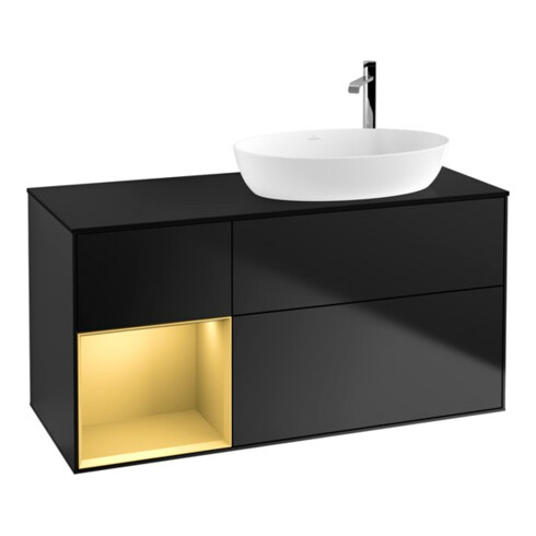 V&B Meuble sous lavabo Finion 120 cm, placage bois, rangement doré laqué, bleu laqué