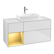 V&B Meuble sous lavabo Finion 120 cm, placage bois, rangement doré mat laqué, blanc mat laqué-1