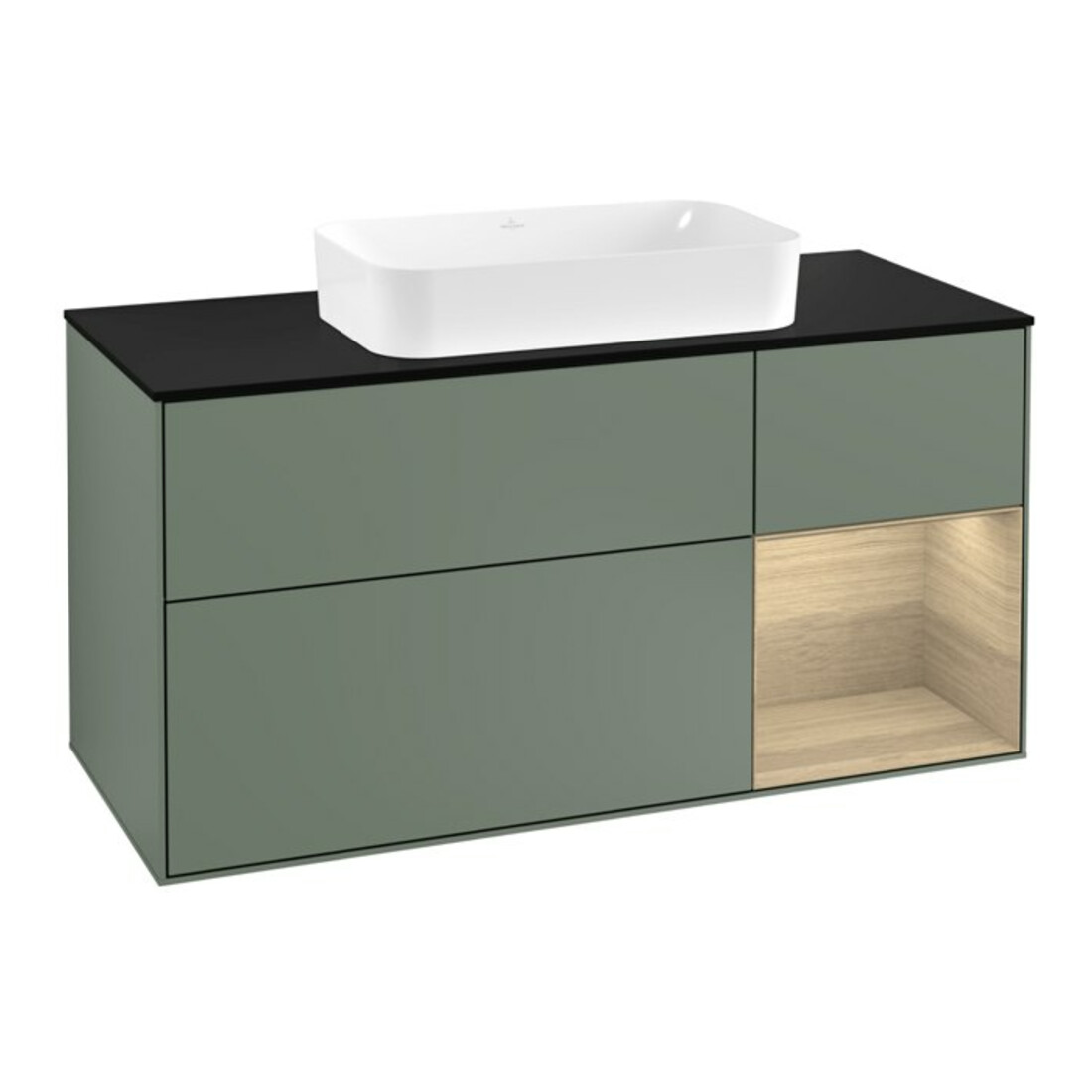 V&B Meuble sous lavabo Finion 120 cm, placage bois, rangement droite, olivier mat laqué