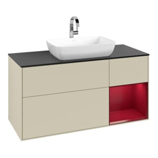 V&B Meuble sous lavabo Finion 120 cm, placage bois, rangement en panneau mélaminé laqué, gris clair laqué