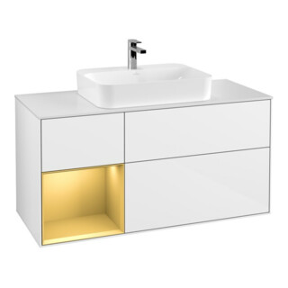 V&B Meuble sous lavabo Finion 120 cm, placage bois, rangement gauche, blanc brillant, laqué