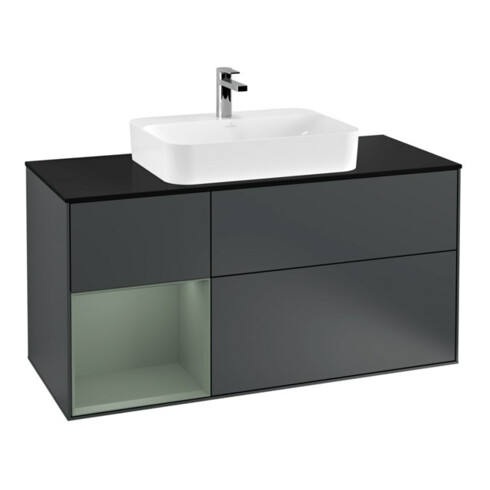 V&B Meuble sous lavabo Finion 120 cm, placage bois, rangement latéral, laqué mat blanc