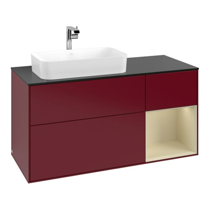 V&B Meuble sous lavabo Finion 120 cm, placage bois, rangement latéral, laqué, poignée métal