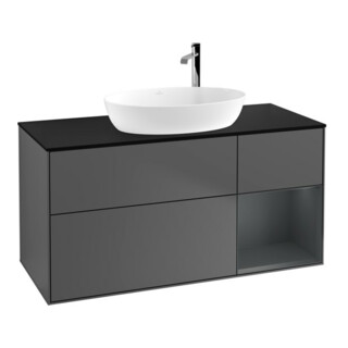 V&B Meuble sous-lavabo Finion 120 cm, placage bois, rangement médium laqué, anthracite mat