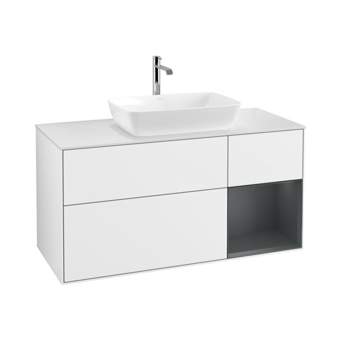 V&B Meuble sous-lavabo Finion 120 cm, placage bois, rangement médium, laqué blanc brillant