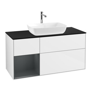 V&B Meuble sous lavabo Finion 120 cm, placage bois, rangement médium, laqué blanc brillant
