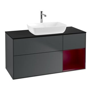 V&B Meuble sous lavabo Finion 120 cm, placage bois, rangement, miroir laqué bleu
