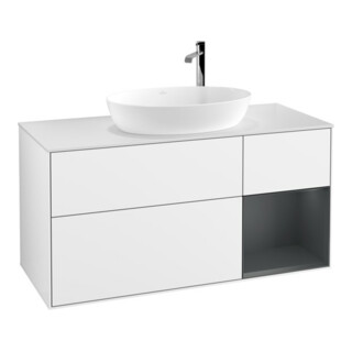 V&B Meuble sous lavabo Finion 120 cm, placage bois, rangement moyen, laqué blanc brillant