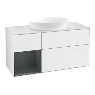 V&B Meuble sous lavabo Finion 120 cm, placage bois, rangement moyen, laqué blanc brillant