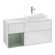 V&B Meuble sous lavabo Finion 120 cm, placage bois, rangement ouvert avec laque blanche