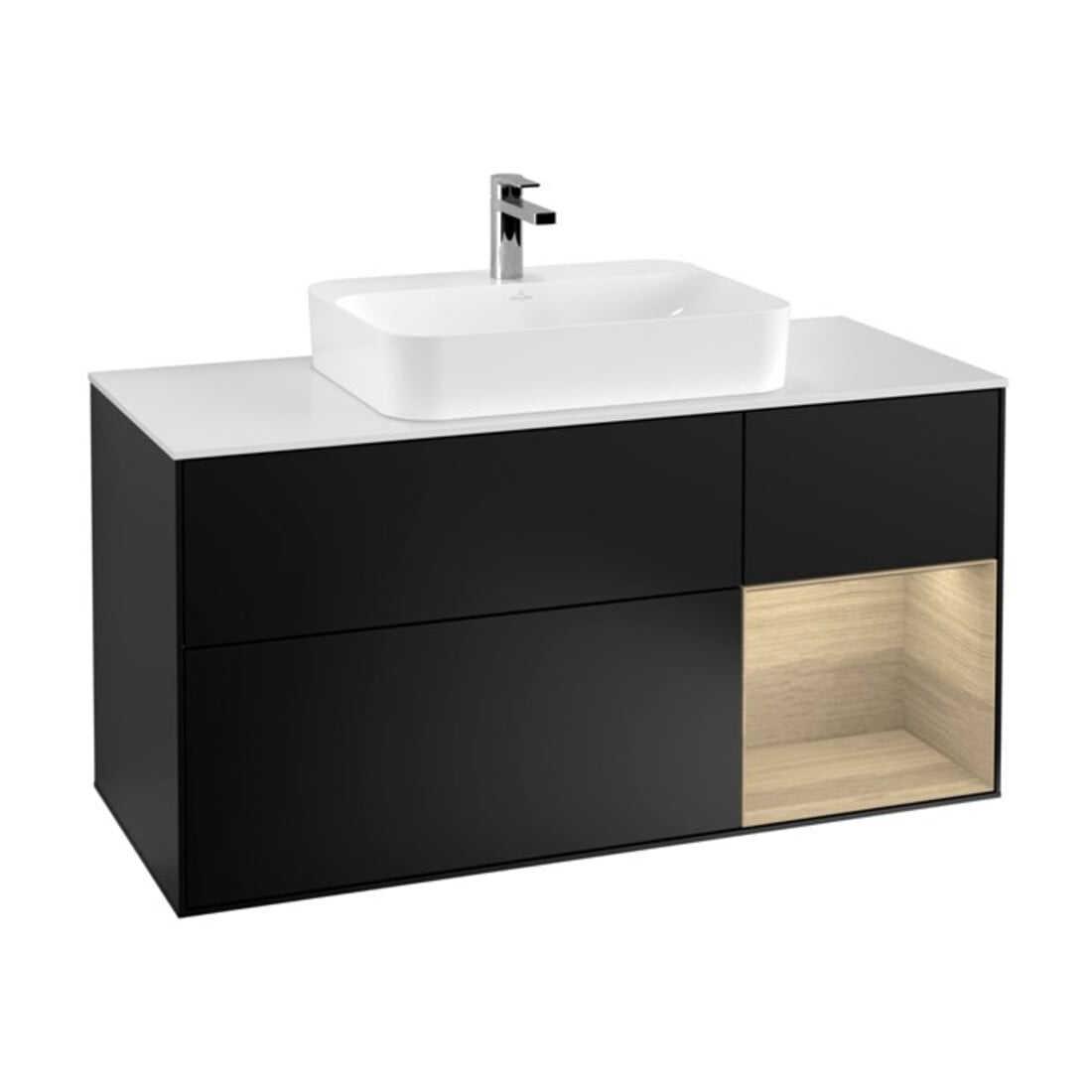 V&B Meuble sous-lavabo Finion 120 cm, placage bois, rangement ouvert, bleu mat laqué