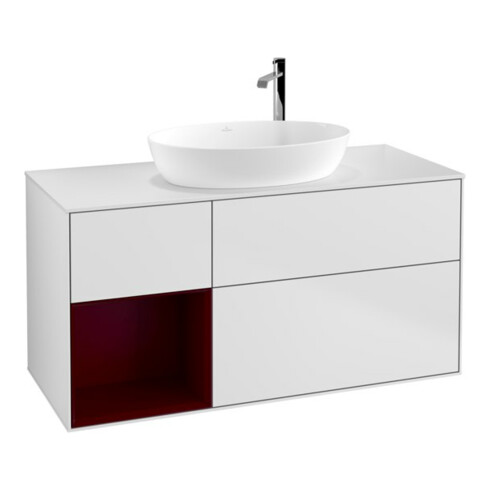 V&B Meuble sous lavabo Finion 120 cm, placage bois, rangement ouvert, laqué blanc