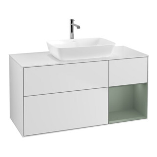 V&B Meuble sous lavabo Finion 120 cm, placage bois, rangement ouvert, laqué blanc