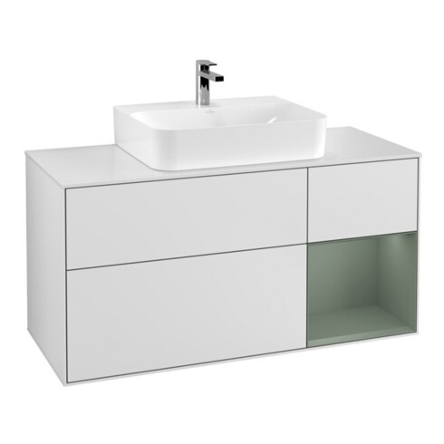 V&B Meuble sous lavabo Finion 120 cm, placage bois, rangement ouvert, laqué blanc