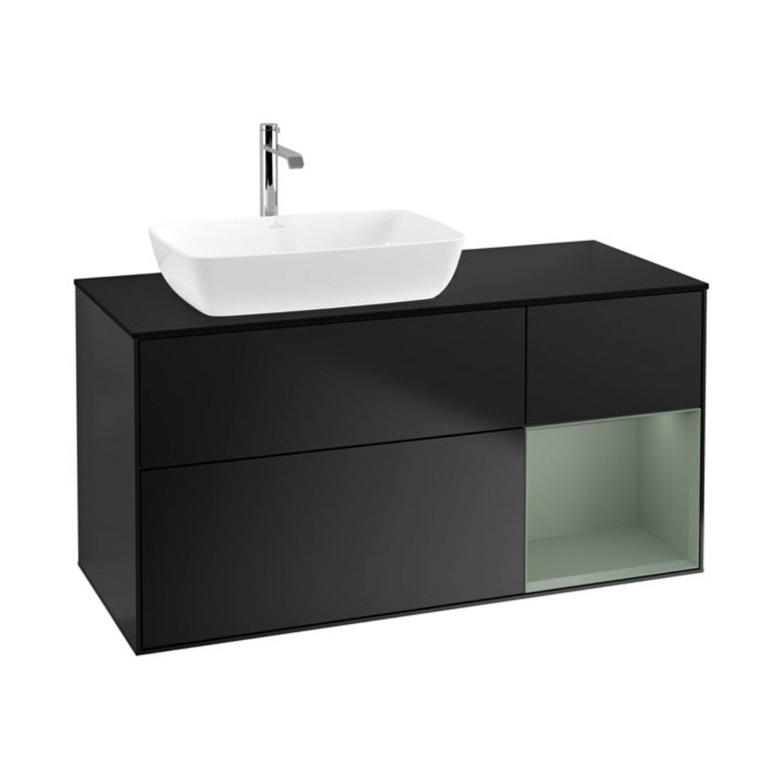 V&B Meuble sous lavabo Finion 120 cm, placage bois, rangement ouvert, laqué bleu
