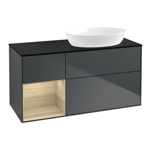 V&B Meuble sous lavabo Finion 120 cm, placage bois, rangement ouvert, médium bleu mat lacqué