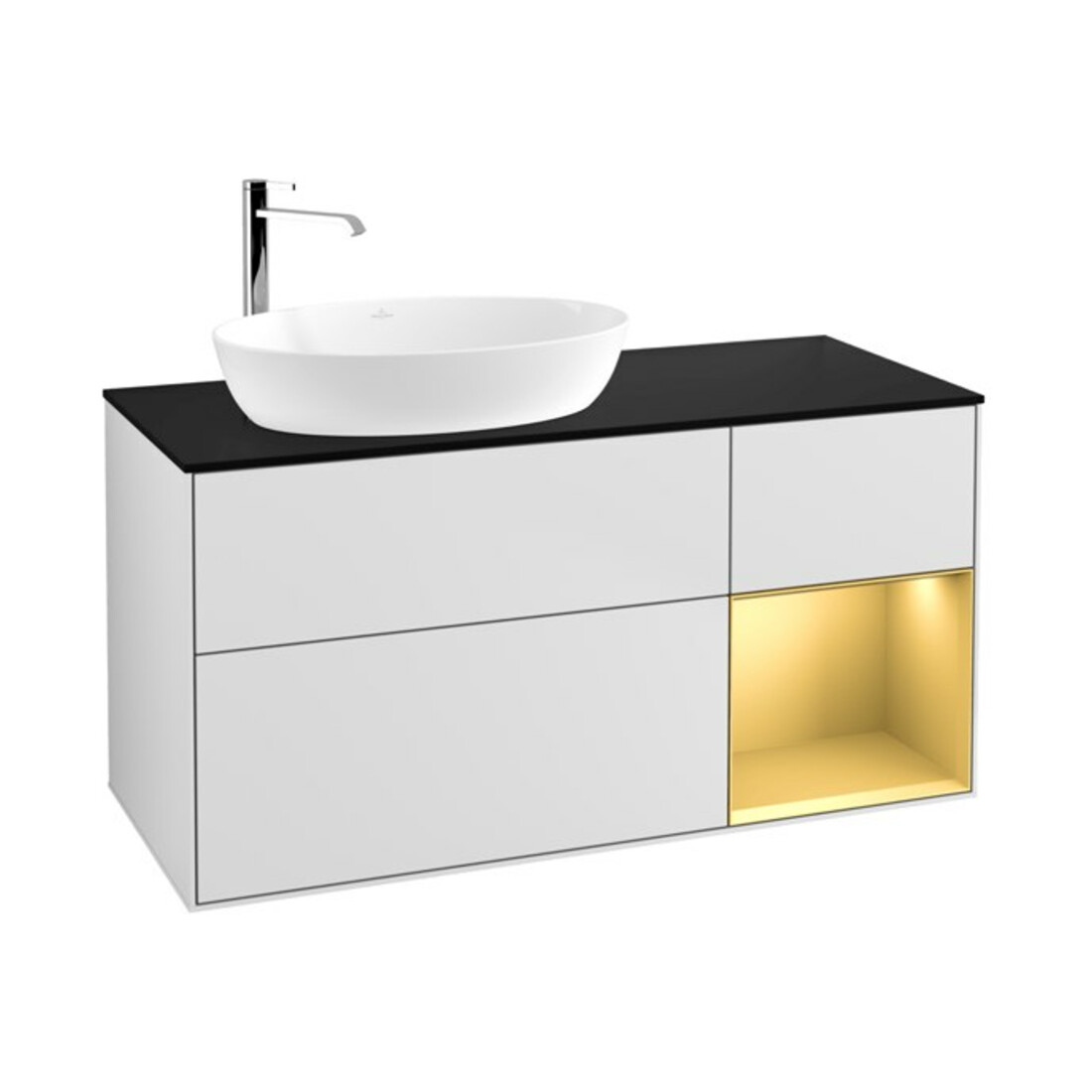 V&B Meuble sous lavabo Finion 120 cm, placage bois, rayures dorées, blanc laqué