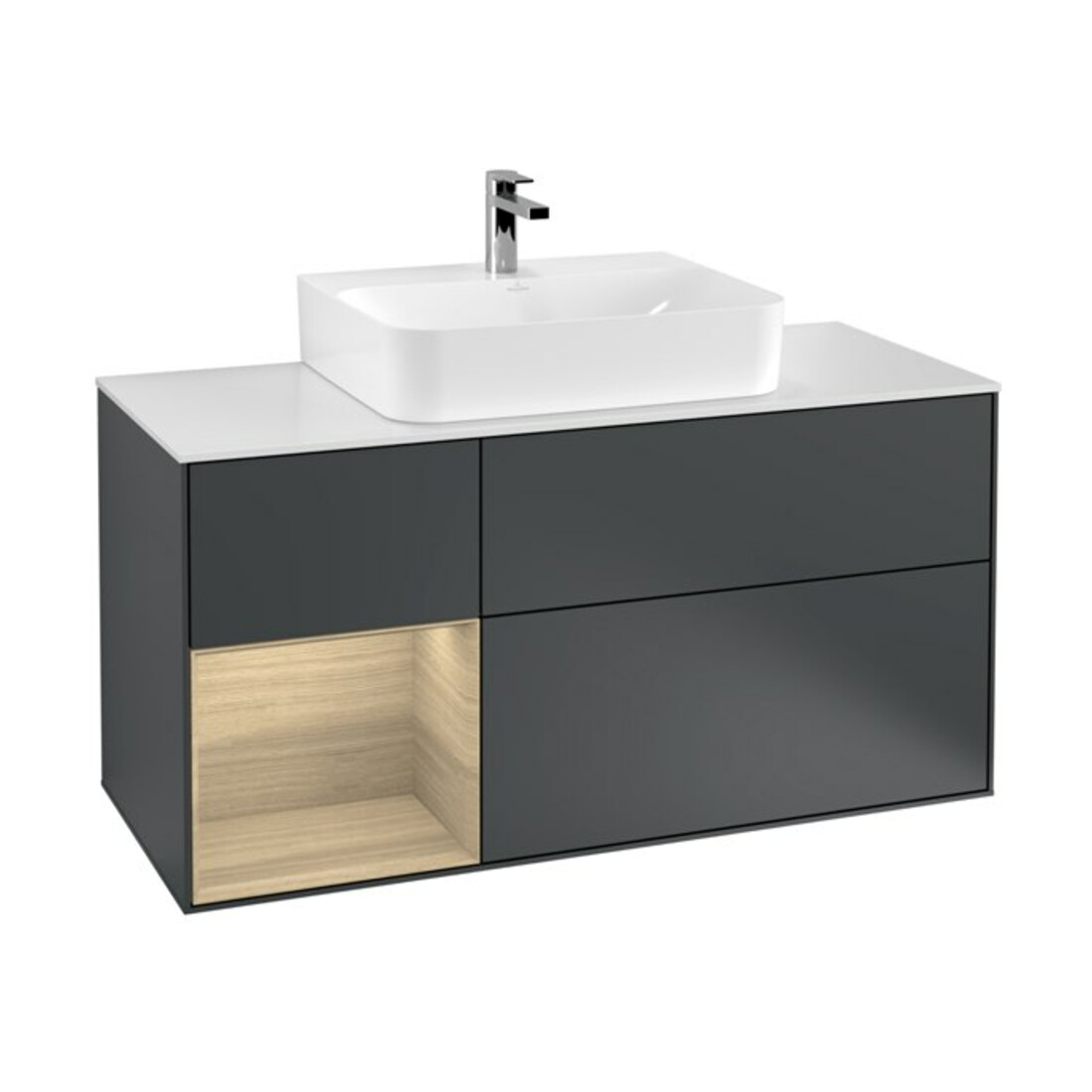 V&B Meuble sous lavabo Finion 120 cm, placage bois, réglable à gauche, avec lavabo en céramique laqué bleu