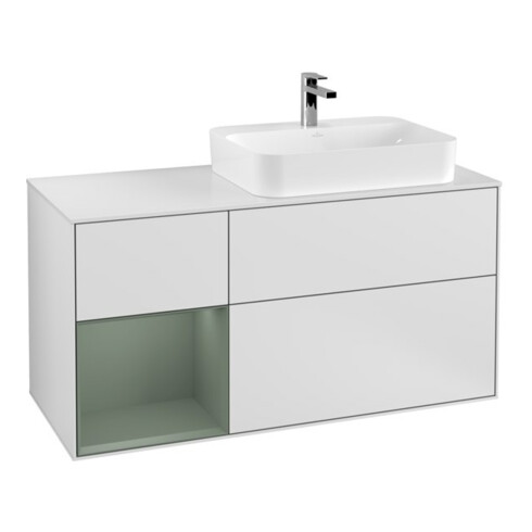 V&B Meuble sous lavabo Finion 120 cm, placage bois, réglable, olivier mat laqué, blanc mat laqué