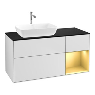 V&B Meuble sous lavabo Finion 120 cm, placage bois, réglette dorée laquée, blanc laqué