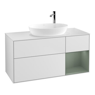 V&B Meuble sous lavabo Finion 120 cm, placage bois, réglette olivier laqué blanc