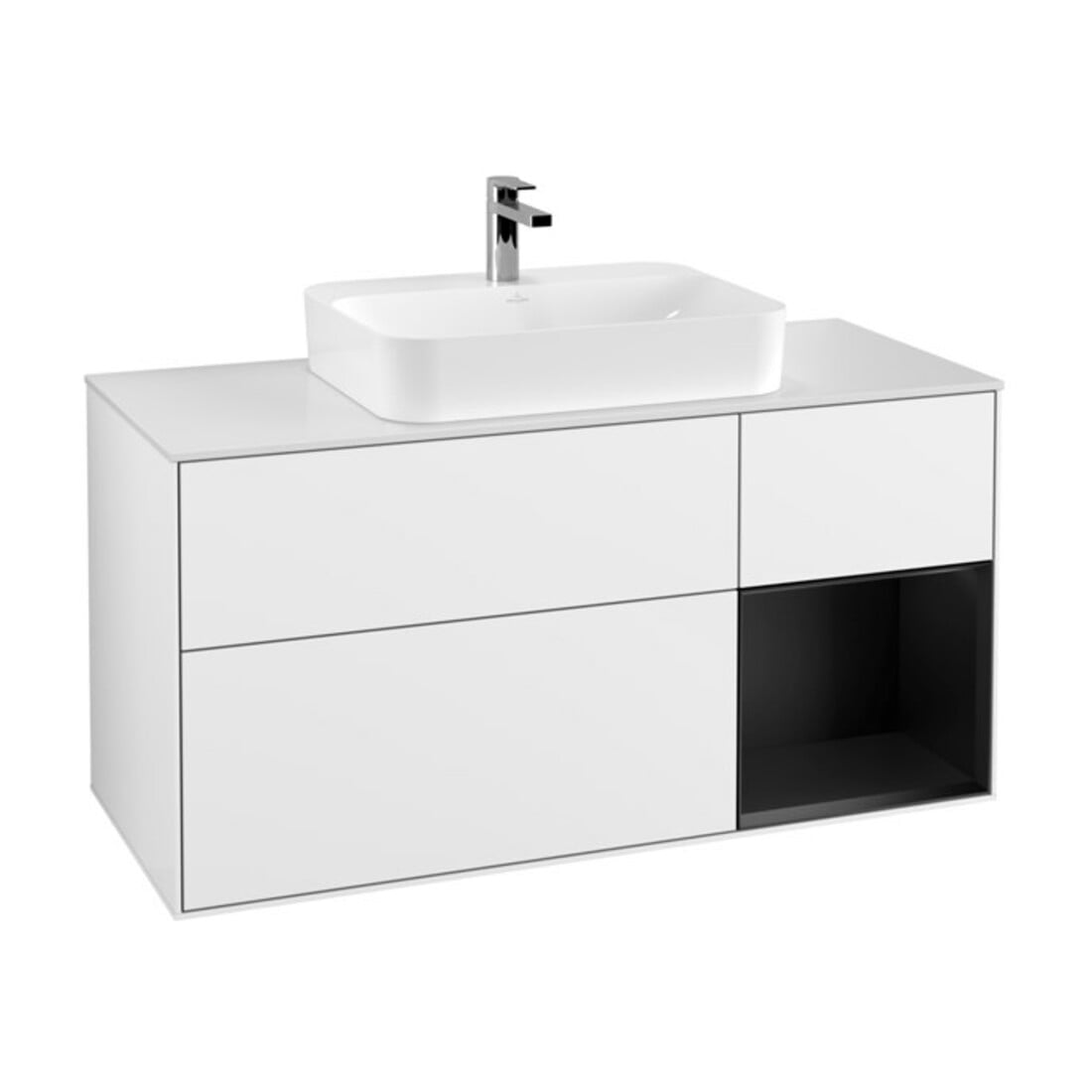 V&B Meuble sous lavabo Finion 120 cm, placage bois, rouge brun mat, laqué blanc brillant