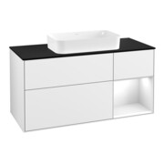 V&B Meuble sous lavabo Finion 120 cm, placage bois, rouge/gris/blanc laqué, brillant blanc laqué