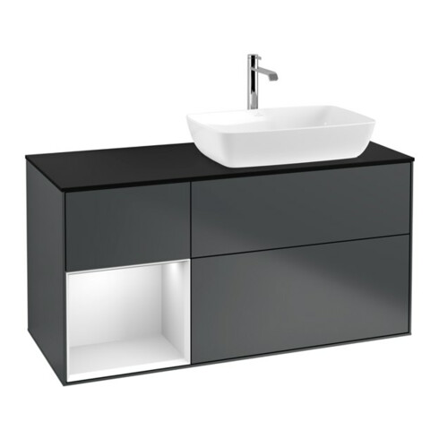 V&B Meuble sous lavabo Finion 120 cm, placage bois, rouge mat laqué, médium bleu mat laqué