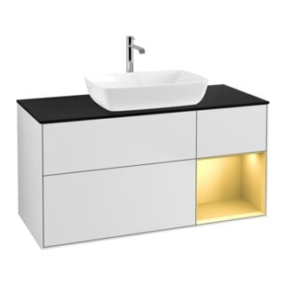 V&B Meuble sous lavabo Finion 120 cm, placage bois, tiroir à gauche, blanc laqué