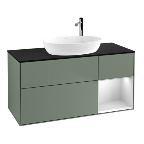 V&B Meuble sous lavabo Finion 120 cm, placage bois, tiroir blanc laqué, olivier laqué