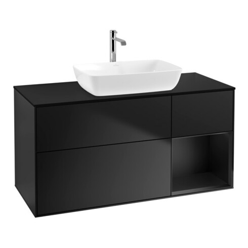 V&B Meuble sous lavabo Finion 120 cm, placage bois, tiroir bleu laqué