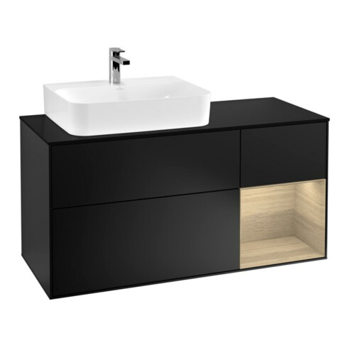 V&B Meuble sous lavabo Finion 120 cm, placage bois, tiroir, bleu mat laqué