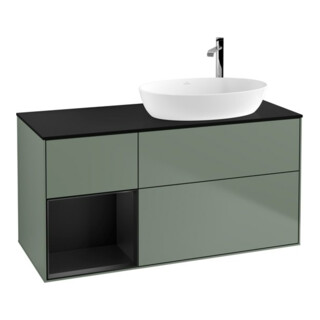 V&B Meuble sous lavabo Finion 120 cm, placage bois, tiroir bleu mat laqué, olivier mat laqué