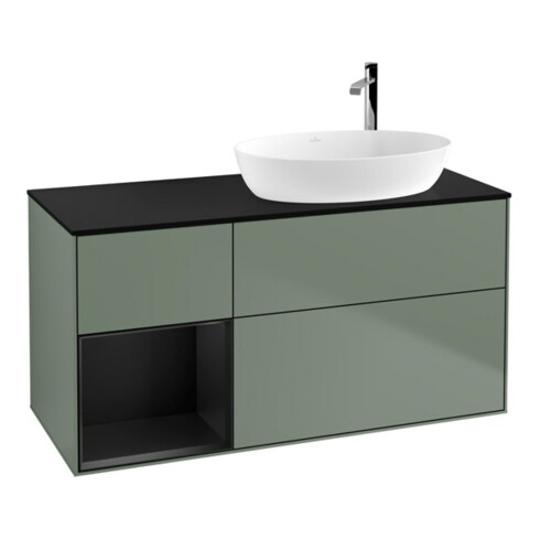 V&B Meuble sous lavabo Finion 120 cm, placage bois, tiroir bleu mat laqué, olivier mat laqué