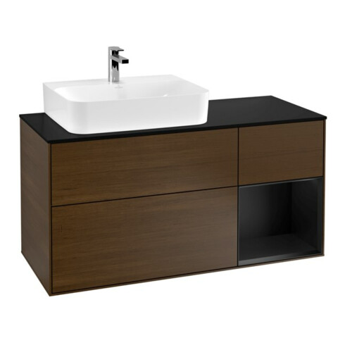 V&B Meuble sous lavabo Finion 120 cm, placage bois, tiroir bleu mat, noyer veinée