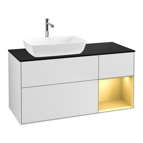 V&B Meuble sous-lavabo Finion 120 cm, placage bois, tiroir doré laqué, blanc laqué