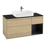 V&B Meuble sous lavabo Finion 120 cm, placage bois, tiroir droit bleu mat, poignée ovale venitian