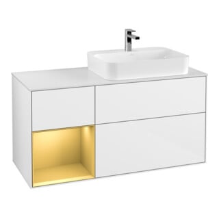 V&B Meuble sous lavabo Finion 120 cm, placage bois, tiroir gauche, blanc brillant, laqué