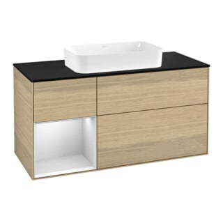 V&B Meuble sous-lavabo Finion 120 cm, placage bois, tiroir gauche blanc mat, ouverture à bouton